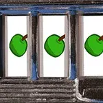 Tre gröna äpplen på en spelautomatens hjul som visar en vinnande kombination