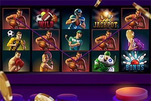 En spelautomat med sporttemade ikoner som visar basket-, fotboll-, och amerikansk fotbollsspelare, samt wild-, jackpot- och bonus-symboler