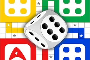 En bild av ett spelbräde med färgade sektioner i rött, gult, grönt och blått, och en spelkub som visar en femma i mitten