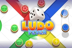 En färgglad bild med orden Ludo Fever, en tärning och olika spelpjäser på en spelplan i rött, blått, grönt och gult
