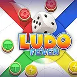 En färgglad bild med orden Ludo Fever, en tärning och olika spelpjäser på en spelplan i rött, blått, grönt och gult