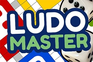 Texten Ludo Master med en färgglad bakgrund av spelbräden och spelpjäser
