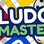 Texten Ludo Master med en färgglad bakgrund av spelbräden och spelpjäser