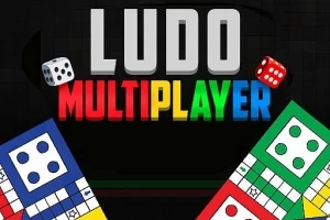 Titeln LUDO MULTIPLAYER i stora bokstäver med färgglada bräden och tärningar i hörnen
