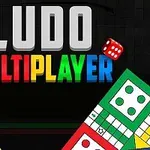 Titeln LUDO MULTIPLAYER i stora bokstäver med färgglada bräden och tärningar i hörnen