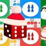 Tärning med tomteluva omgiven av spelbrickor i olika färger, en julpingvin och en tomte på grön bakgrund