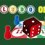 Ett brädspel med färgglada spelpjäser, en röd tärning och texten Ludo Online på en grön bakgrund