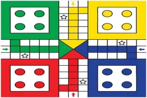Fyra färgade sektioner i grönt, gult, rött och blått med cirklar och stjärnor på en spelplan