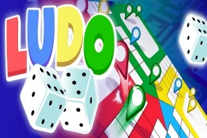 Texten LUDO i färgglada bokstäver, två tärningar och en färgglad spelplan med markörer
