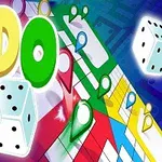 Texten LUDO i färgglada bokstäver, två tärningar och en färgglad spelplan med markörer