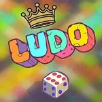 Färgglad text Ludo med en kungakrona ovanför och en tärning nedanför, mot en oskarp, mångfärgad bakgrund