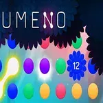 Färgglada cirklar anslutna med lysande linjer under titeln LUMENO med ett nummer 12 på en blå blomma