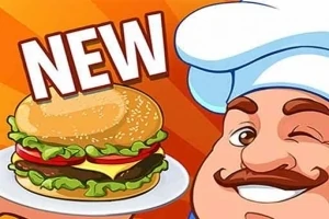 En tecknad kock med mustasch blinkar och håller en tallrik med en hamburgare bredvid ordet NEW på en orange bakgrund