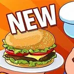 En tecknad kock med mustasch blinkar och håller en tallrik med en hamburgare bredvid ordet NEW på en orange bakgrund
