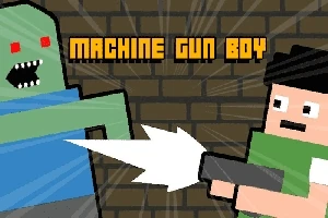 En pixlad illustration av en person med en maskingevär som skjuter mot en grön, monsterliknande figur framför en tegelvägg, med texten Machine Gun Boy ovanför