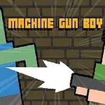 En pixlad illustration av en person med en maskingevär som skjuter mot en grön, monsterliknande figur framför en tegelvägg, med texten Machine Gun Boy ovanför