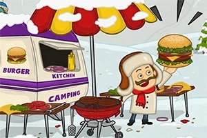 Man med vinterkläder håller upp en stor hamburgare bredvid en grill och en matvagn i ett snölandskap