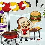 Man med vinterkläder håller upp en stor hamburgare bredvid en grill och en matvagn i ett snölandskap