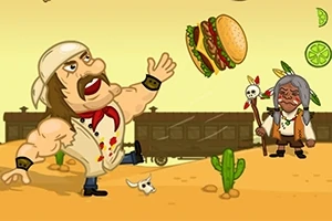 En tecknad muskulös man kastar en hamburgare i luften i en ökenmiljö med en indian bredvid och ett tåg i bakgrunden