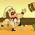En tecknad muskulös man kastar en hamburgare i luften i en ökenmiljö med en indian bredvid och ett tåg i bakgrunden