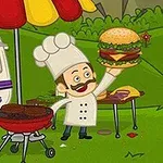 Kock i vit uniform håller en stor hamburgare under ett färgglatt parasoll bredvid en grill och en matvagn