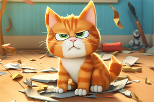 Orange katt med vita markeringar ser sur ut och sitter bland trasiga papper på ett trägolv