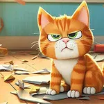 Orange katt med vita markeringar ser sur ut och sitter bland trasiga papper på ett trägolv