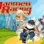 Tecknad bild av två äldre karaktärer i ett spännande racerlopp, med en muskulös viking-figur i förgrunden på en motorcykel och en kvinna i rullstol ikapp
