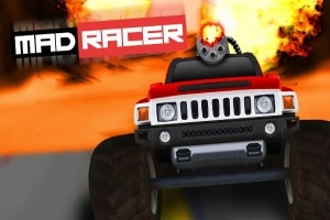 Röd monstertruck med stor kanon och explosion i bakgrunden