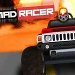 Röd monstertruck med stor kanon och explosion i bakgrunden