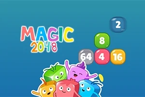 Färgglada tecken och nummerbrickor mot en blå bakgrund med texten Magic 2048