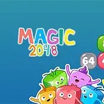 Färgglada tecken och nummerbrickor mot en blå bakgrund med texten Magic 2048