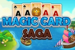 Kort med ess, en krona, texten Magic Card Saga över ett hav med segelbåt och en ö i bakgrunden