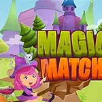 En tecknad häxa med ett litet djur sitter på en stubbe framför ett slott omgiven av träd, med texten Magic Match i förgrunden