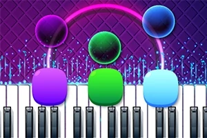 Färgglada noter svävar över ett piano med lysande tangenter och en bakgrund av levande neonmönster