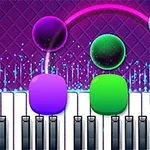 Färgglada noter svävar över ett piano med lysande tangenter och en bakgrund av levande neonmönster