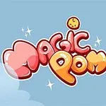 Färgglad tecknad text Magic Pom med glada figurer och en blå himmel i bakgrunden
