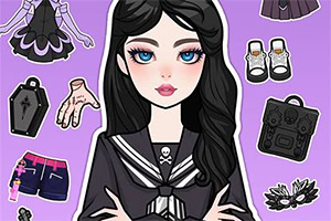 Gotisk animeflicka med svart hår och sjömansklänning omgiven av kläder och accessoarer på lila bakgrund