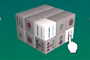 En 3D-kub av mahjong-brickor med olika symboler visas på en grön bakgrund med en vit pekhand som indikerar en specifik bricka