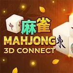 Texten Mahjong 3D Connect med kinesiska tecken och flera mahjongbrickor med symboler på en träbakgrund med höstlöv