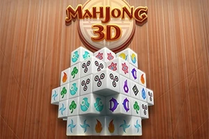 Pussel av vita kuber med färgglada symboler, ordet Mahjong 3D ovanpå en träbakgrund