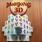 Pussel av vita kuber med färgglada symboler, ordet Mahjong 3D ovanpå en träbakgrund