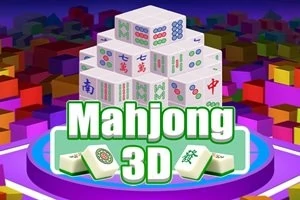 Ett 3D-pyramid av mahjongbrickor ovanför texten Mahjong 3D med en färgglad, kubistisk bakgrund