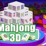 Ett 3D-pyramid av mahjongbrickor ovanför texten Mahjong 3D med en färgglad, kubistisk bakgrund