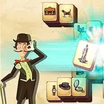 En tecknad detektiv med hatt och monocle står bredvid lysande spelbrickor med bilder av föremål såsom kandelabrar, hund och hus