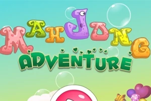 Färgglad tecknad text Mahjong Adventure med en bakgrund av bubblor och himmel