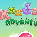 Färgglad tecknad text Mahjong Adventure med en bakgrund av bubblor och himmel