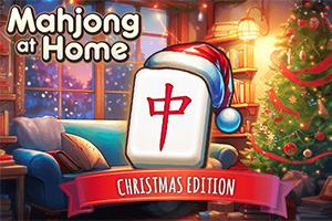 En mysig julscen med en Mahjong-bricka som bär tomteluva, omgiven av en dekorerad julgran och en snöig utsikt genom fönstret