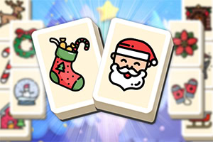 Två mahjongbrickor med jultema, en med en julstrumpa och en med en tomteansikte, mot en suddig bakgrund av fler julsymboler