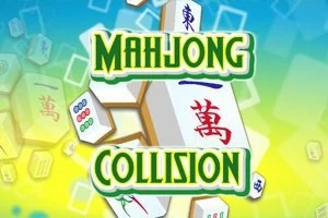 Texten Mahjong Collision visas på en bakgrund med staplade mahjongbrickor i ljusa färger